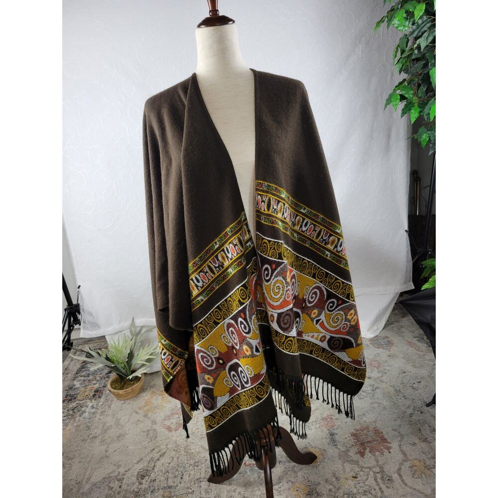 Womens Kimono Wrap Sweater 52"x 66" Brown Paisley Fringe Hem Elegant Scarves